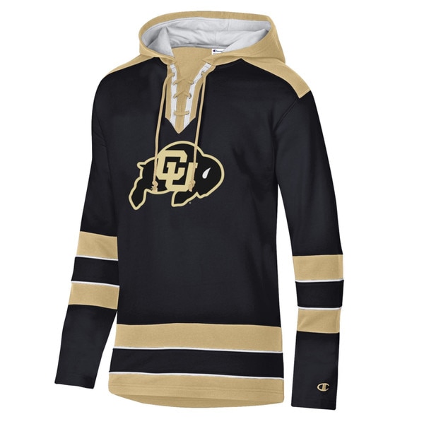 This is a black sweatshirt. The hood and shoulders are Gold, as well as the stripes on the sleeves and bottom. The lace up closure and inner hood are white. The C.U. buffalo logo is black and gold.